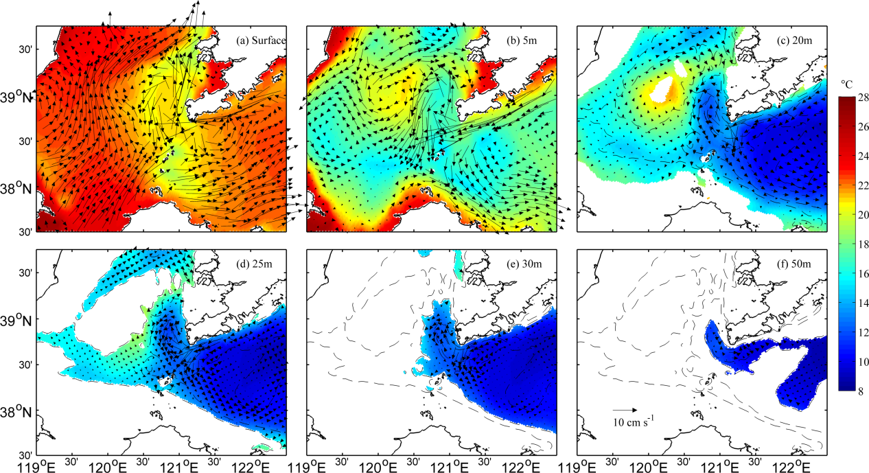 图 2 渤海海峡附近夏季平均环流。（a）表层；（b）5米层；（c）20米层；（d）25米层；（e）30米层；（f）50米层。黑色虚线为25米，30米，50米和60米等深线。.png